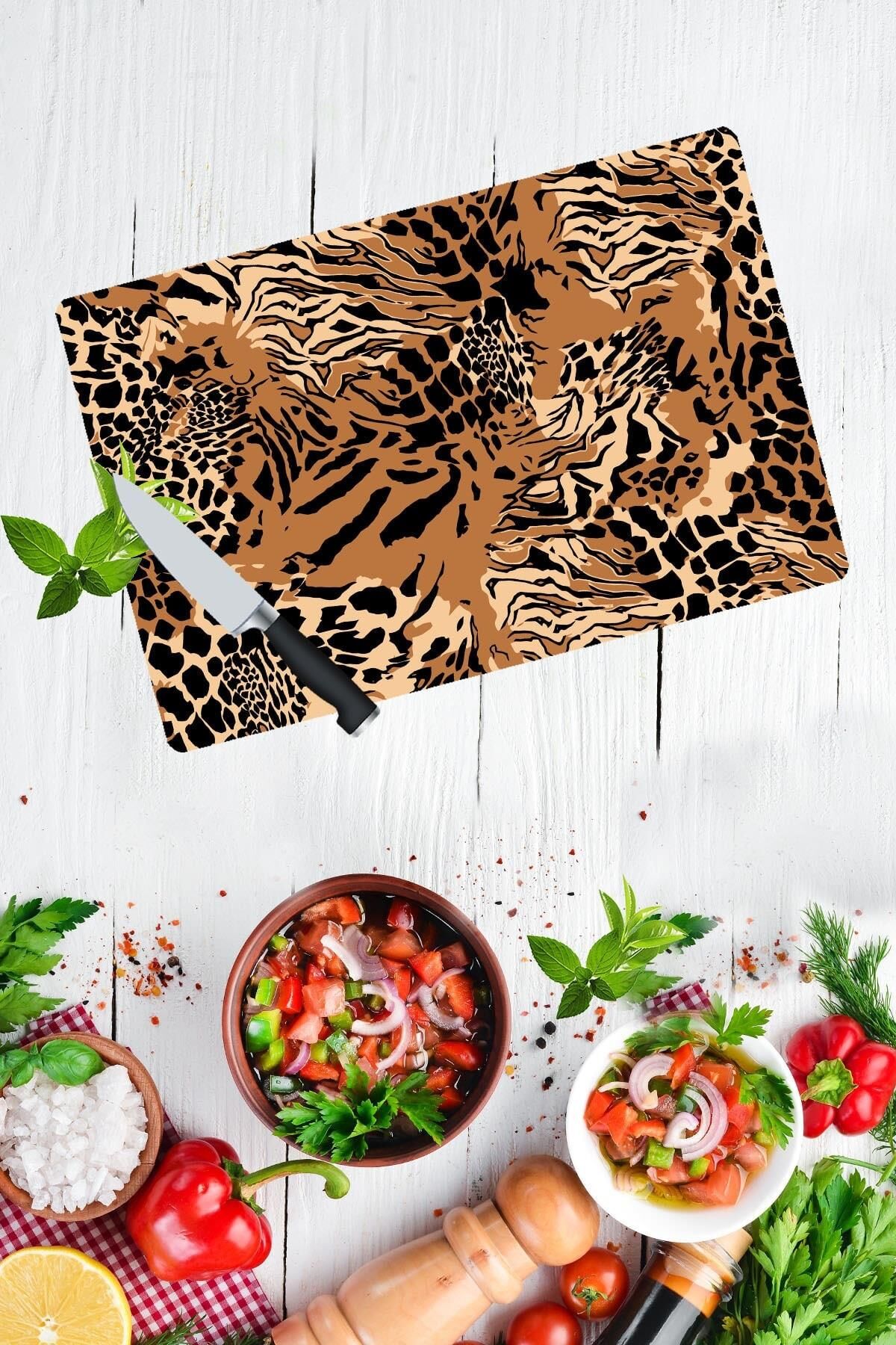 30x40 cm Cam Kesme Tahtası Leopar Desenli