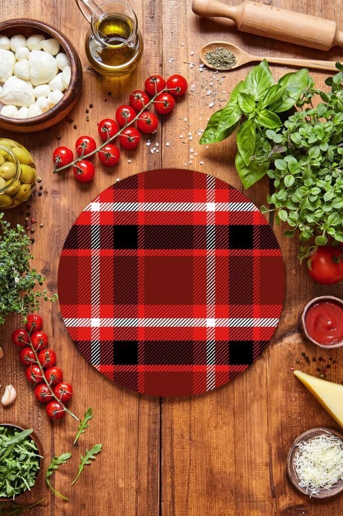 Çap 32 cm Kırmızı Ekose Desenli Cam Kesme Tablası