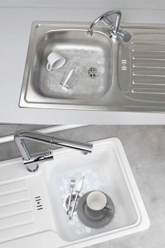 WENKO Stone Şeffaf lavabo aparatı, bulaşık ve lavabolardaki çizilmelere karşı koruma sağlar