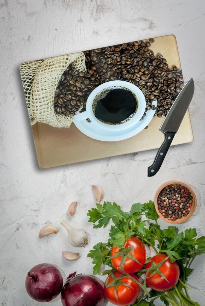 20x30 cm Cam Kesme Tahtası Kahve Çekirdeği Desenli