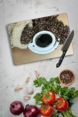 20x30 cm Cam Kesme Tahtası Kahve Çekirdeği Desenli