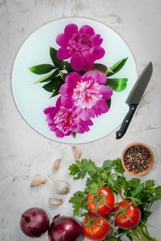 Çap 27 cm Pembe Çiçekler Desenli Cam Kesme Tablası