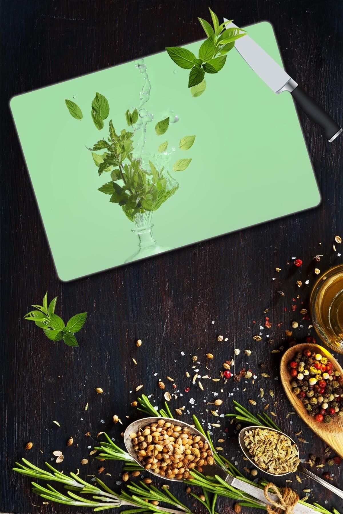 30x40 cm Cam Kesme Tahtası Nane Desenli