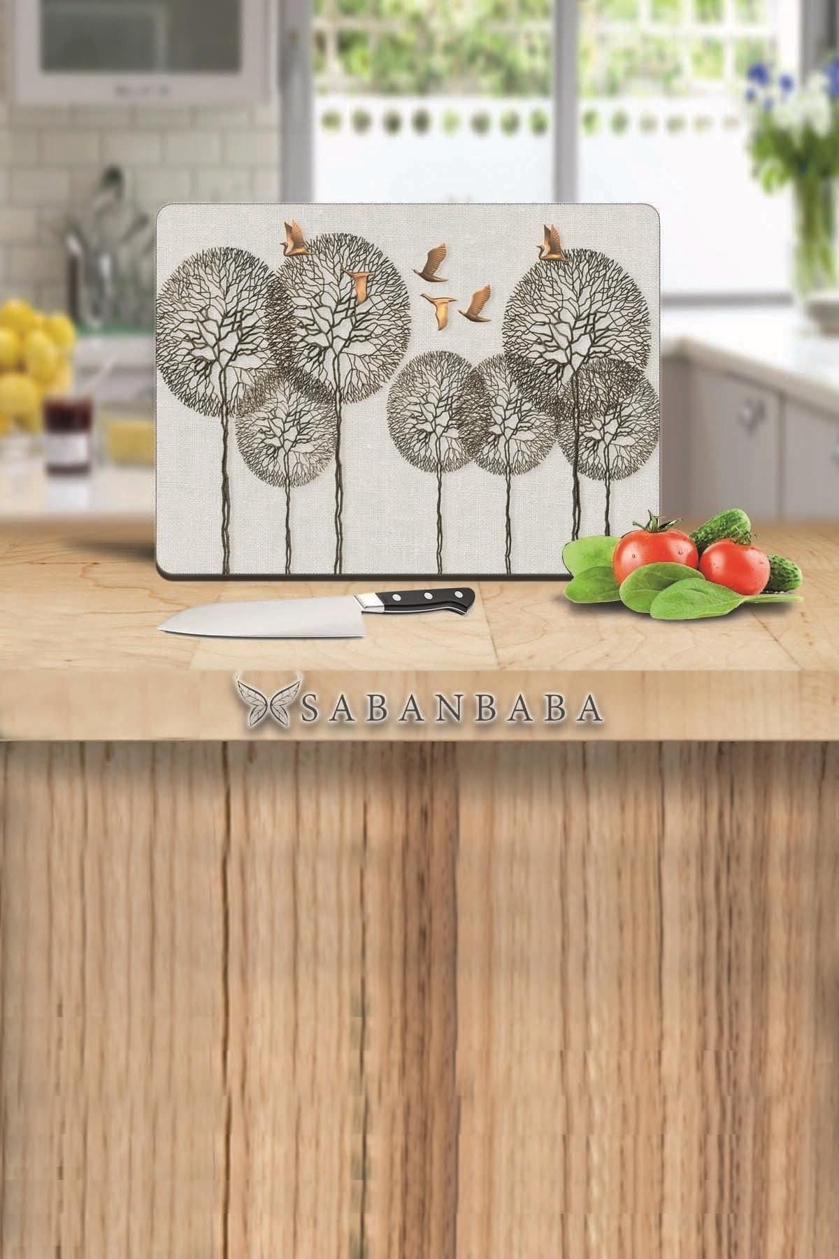 30x40 cm Cam Kesme Tahtası Polen &  Altın Kuşlar