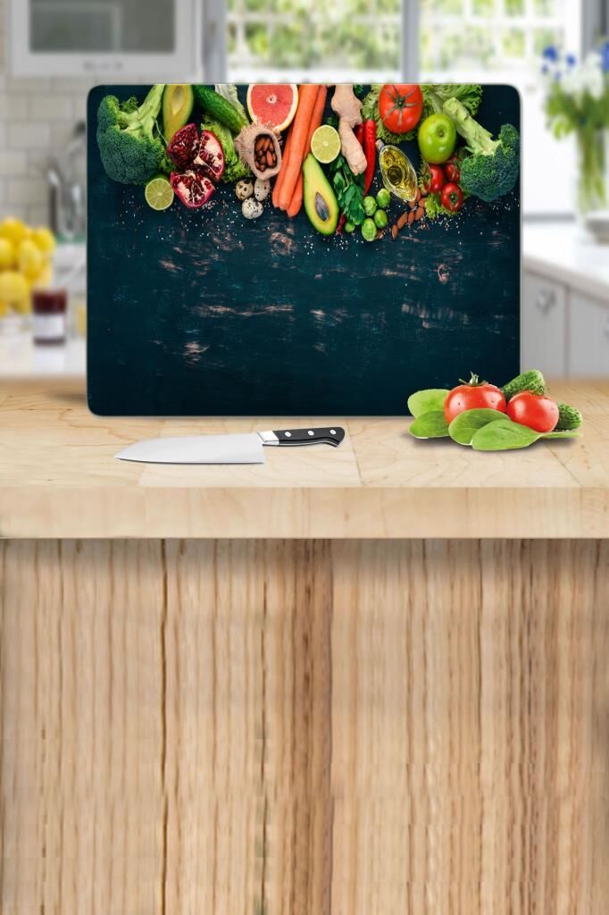 30x40 cm Cam Kesme Tahtası Sebzeler Yeni Desenli