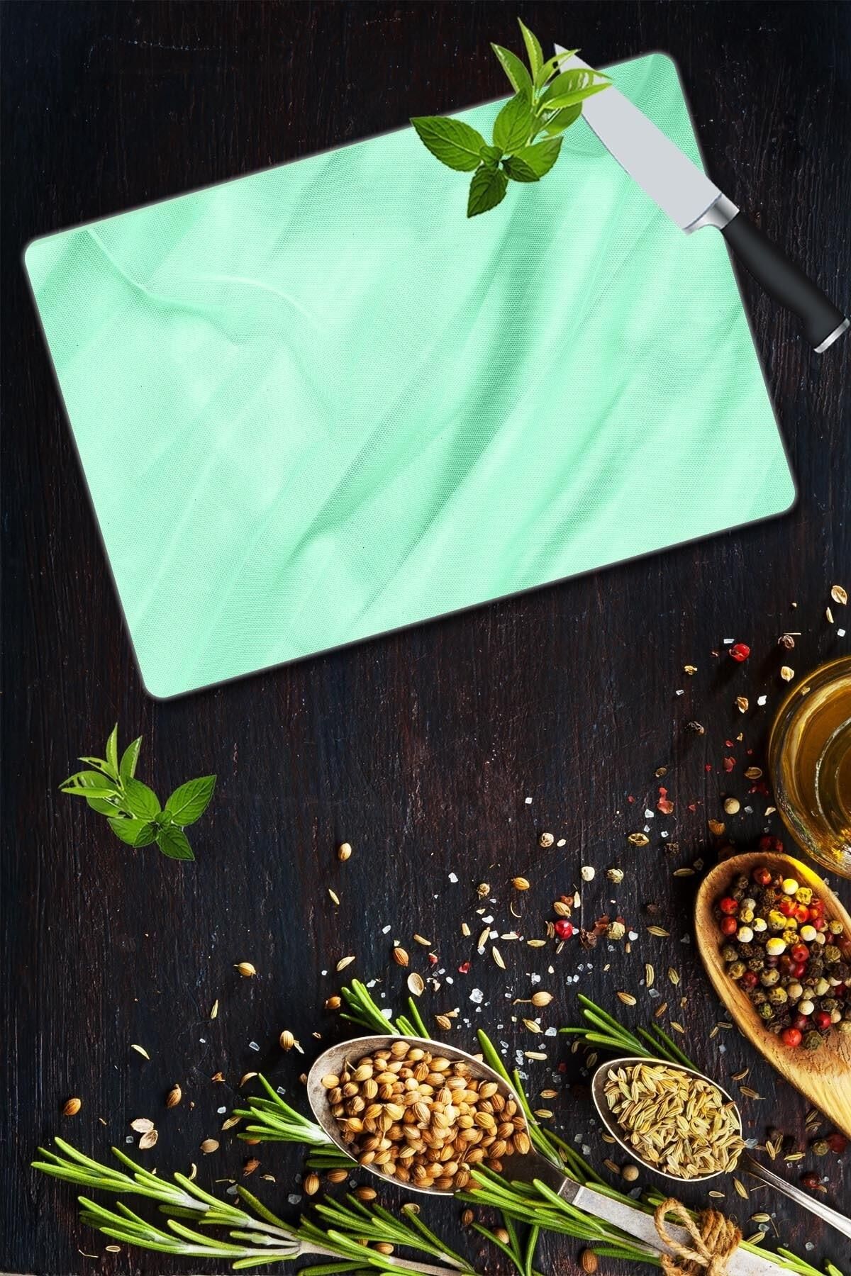 30x40 cm Cam Kesme Tahtası Su Yeşili Desenli