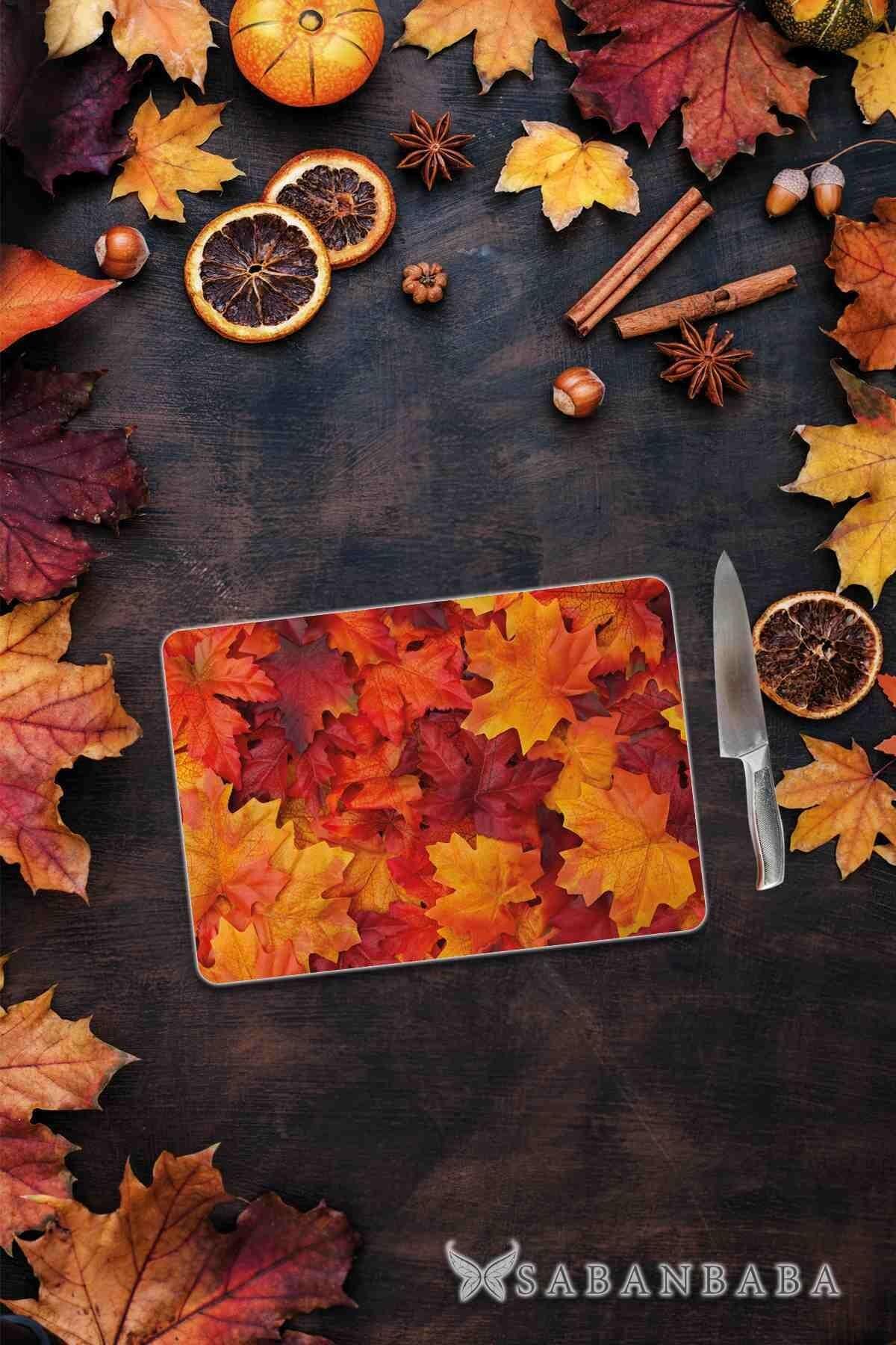 30x40 cm Cam Kesme Tahtası Sonbahar Yaprağı