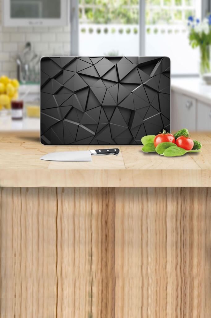 20x30 cm Cam Kesme Tahtası Siyah Üçgenler Desenli