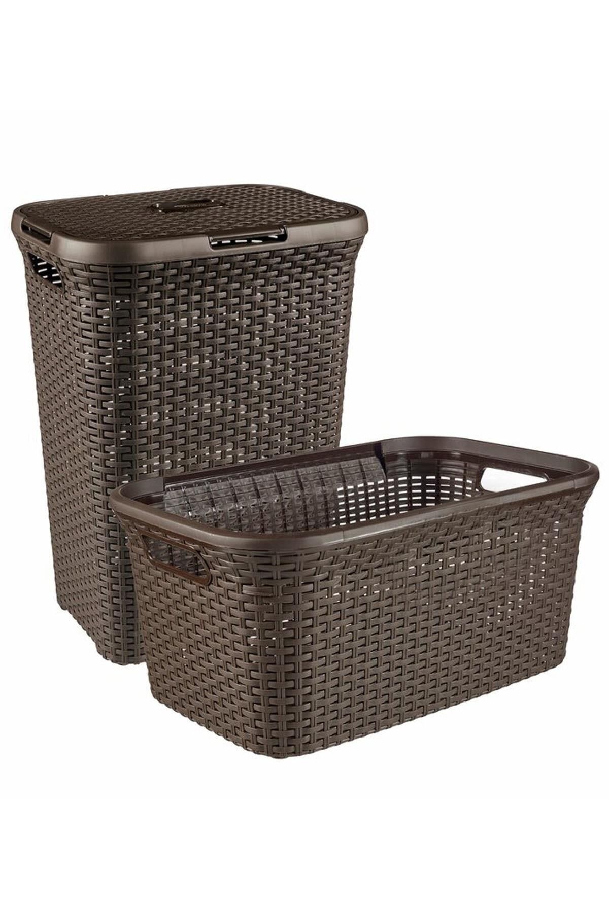 Hasır Desenli Plastik Kahverengi Çamaşır Sepeti  & Kahverengi Çamaşır Selesi