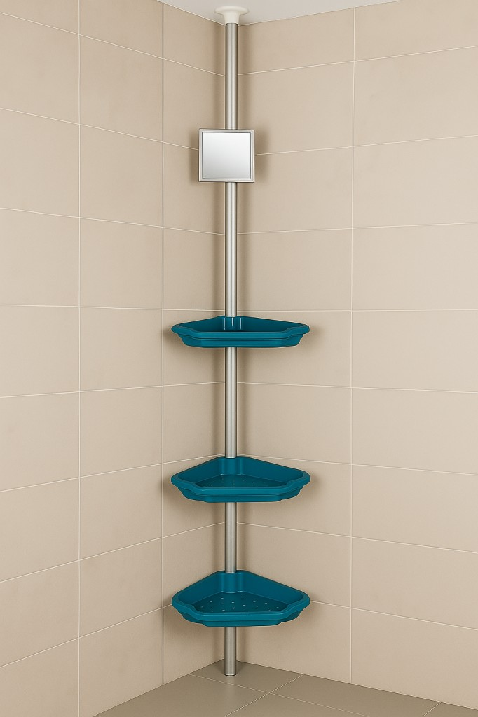 SabanBanyo Köşe Rafı Mavi  – 3 Katlı Plastik Raf ve Alüminyum Direkli Organizer