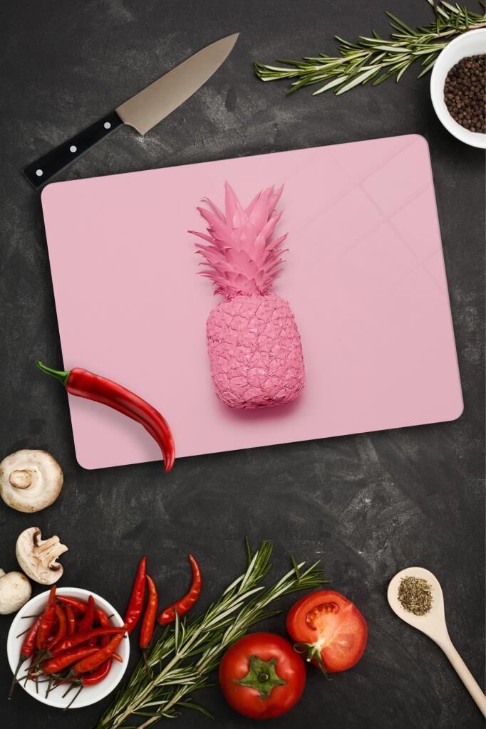 30x40 cm Cam Kesme Tahtası Pembe Ananas Desenli