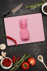 30x40 cm Cam Kesme Tahtası Pembe Ananas Desenli