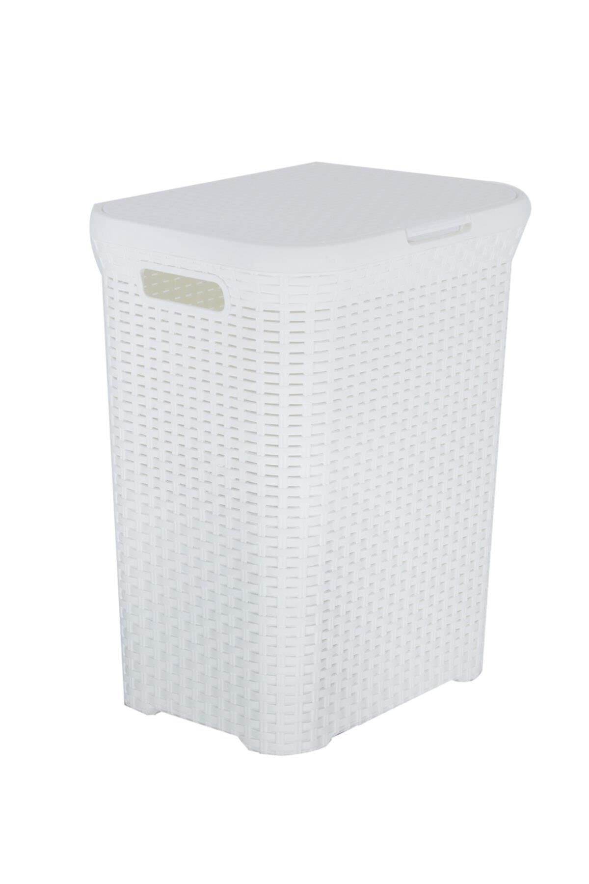 Hasır Desenli Plastik Beyaz Çamaşır Sepeti & Beyaz Çamaşır Selesi