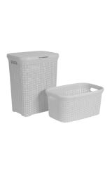 Hasır Desenli Plastik Beyaz Çamaşır Sepeti & Beyaz Çamaşır Selesi