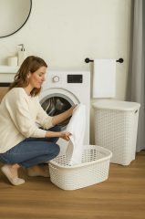 Hasır Desenli Plastik Beyaz Çamaşır Sepeti & Beyaz Çamaşır Selesi