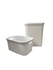Hasır Desenli Plastik Beyaz Çamaşır Sepeti & Beyaz Çamaşır Selesi