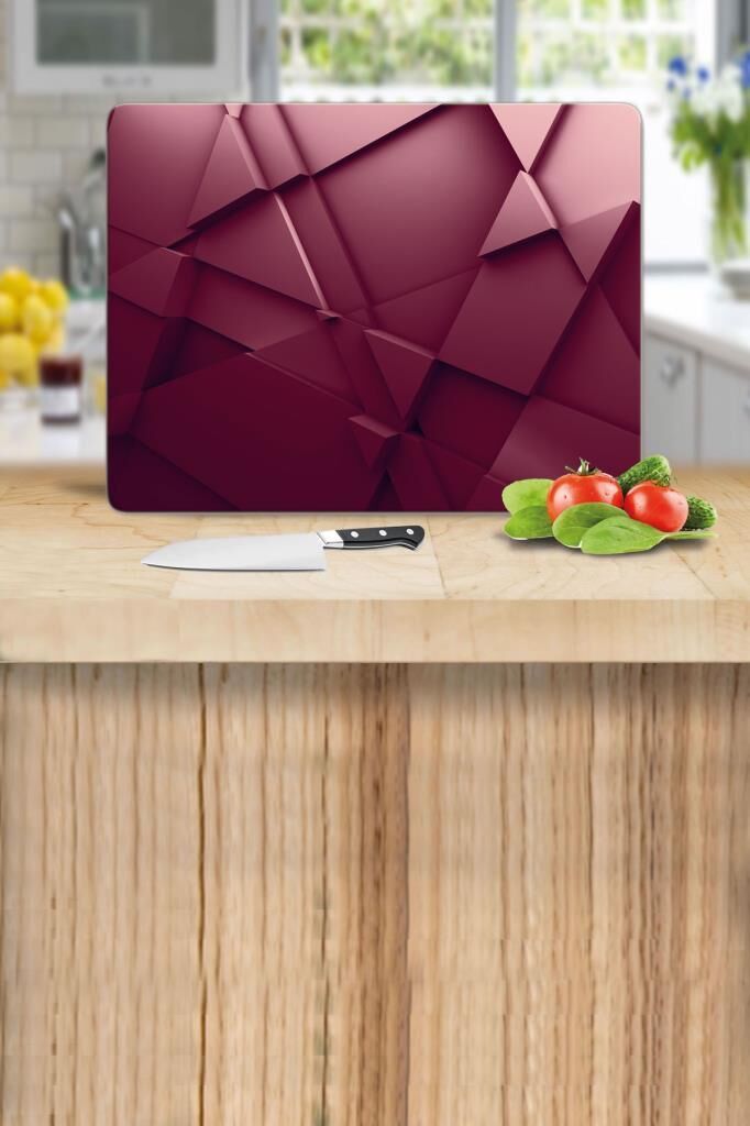 30x40 cm Cam Kesme Tahtası Kırmızı Üçgen Desenli