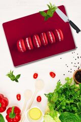 30x40 cm Cam Kesme Tahtası Kırmızı Makaron Desenli