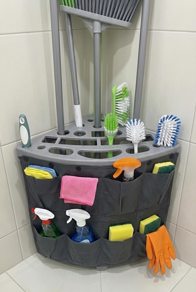 Saban Köşe Tipi Çok Amaçlı Temizlik Seti Organizeri – Süpürge, Faraş ve Temizlik Malzemesi Düzenleyici