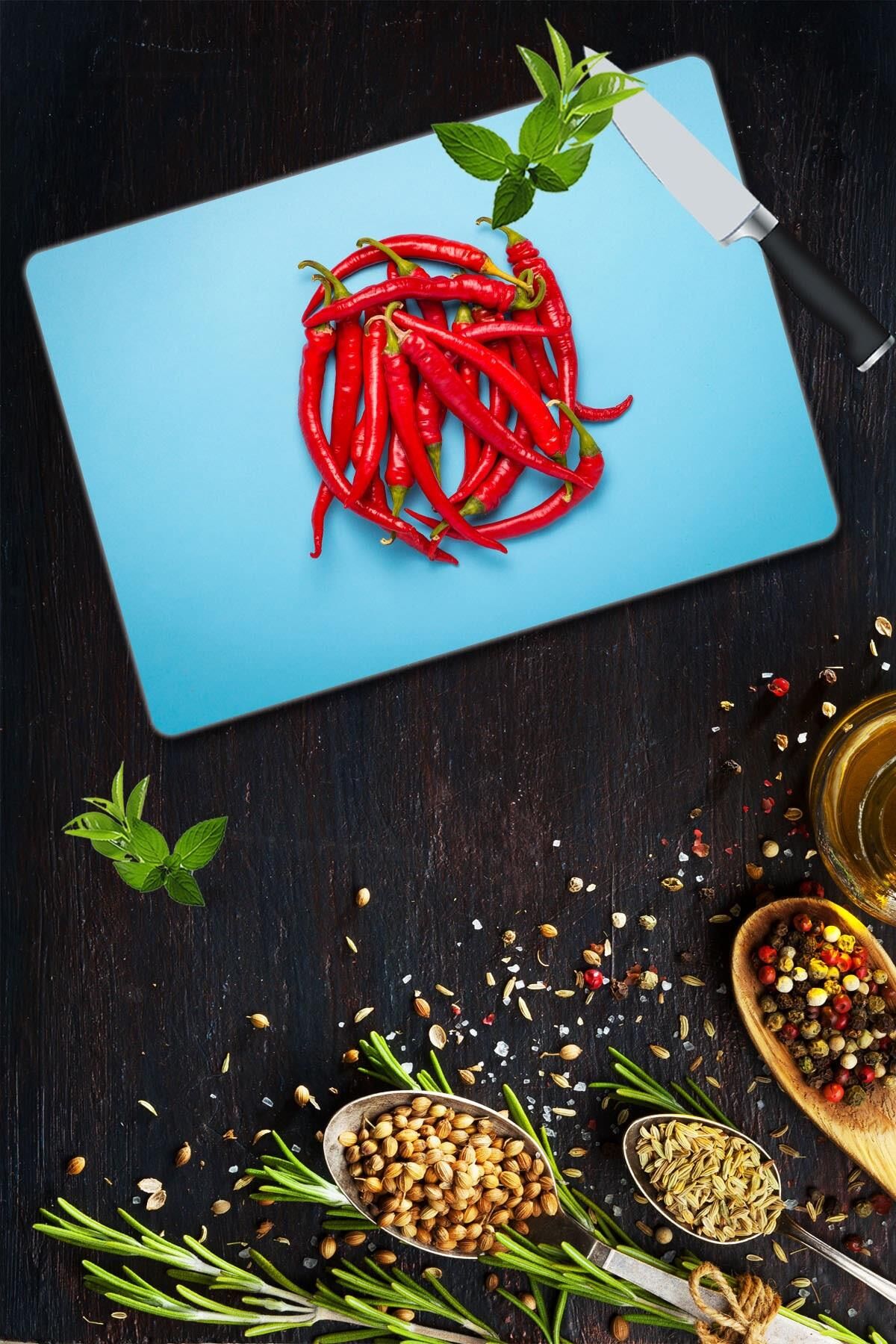 30x40 cm Cam Kesme Tahtası Kızıl Biber Desenli