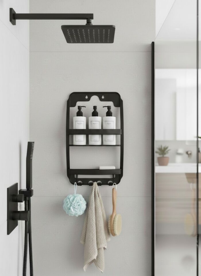 Siyah, 3 Katlı Banyo Duş Rafı - Askılıklı Banyo Organizeri - Delmeden Montaj