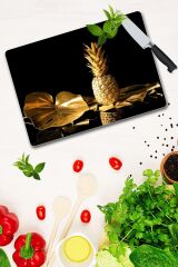 30x40 cm Cam Kesme Tahtası Altın Ananas