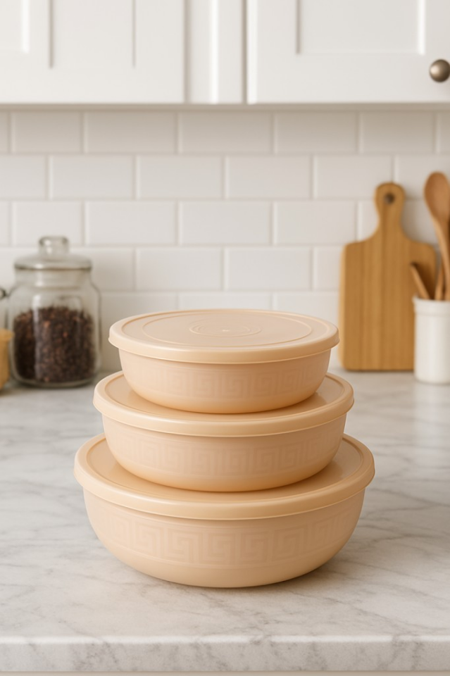 3'lü Somon, Antik Yuvarlak Plastik Saklama Kabı Seti - (5 L, 2.7 L, 1.5 L)