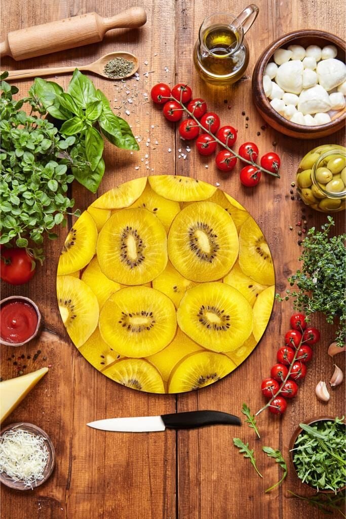 Altın Kivi Cam Kesme Tahtası - Sunum Tabağı| Çap 20