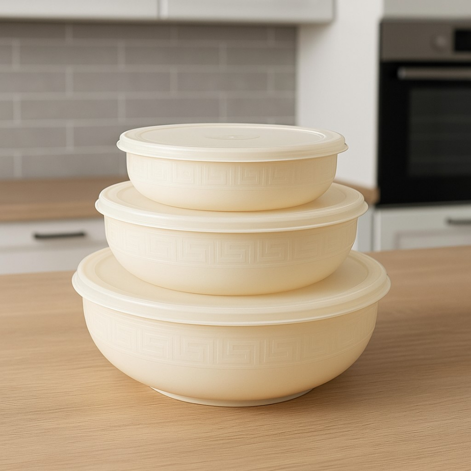 3'lü Krem, Antik Yuvarlak Plastik Saklama Kabı Seti - (5 L, 2.7 L, 1.5 L)