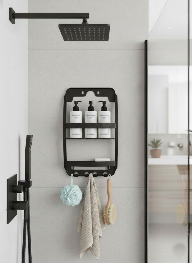 Asılabilir 3 Katlı Siyah Duş Rafı | Askılıklı Banyo Organizeri – Delmeden Montaj