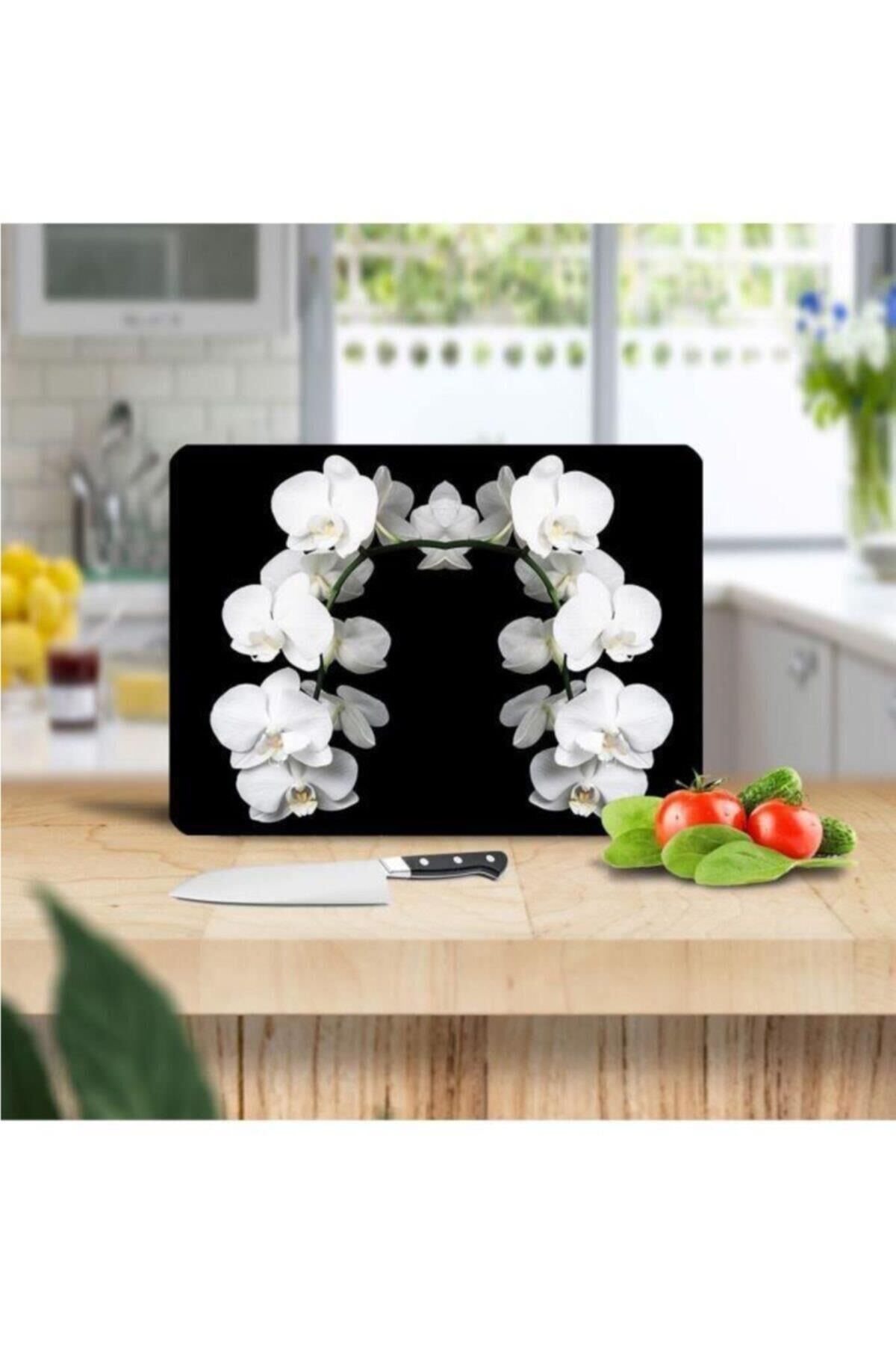 30x40 cm Cam Kesme Tahtası Beyaz Orkide