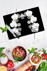 30x40 cm Cam Kesme Tahtası Beyaz Orkide