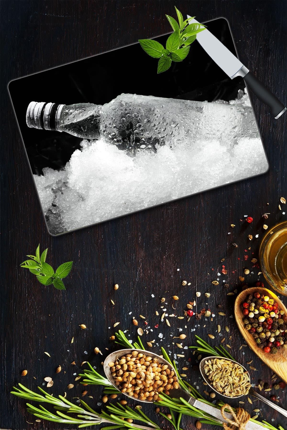 30x40 cm Cam Kesme Tahtası Buzlu Şişe Desenli