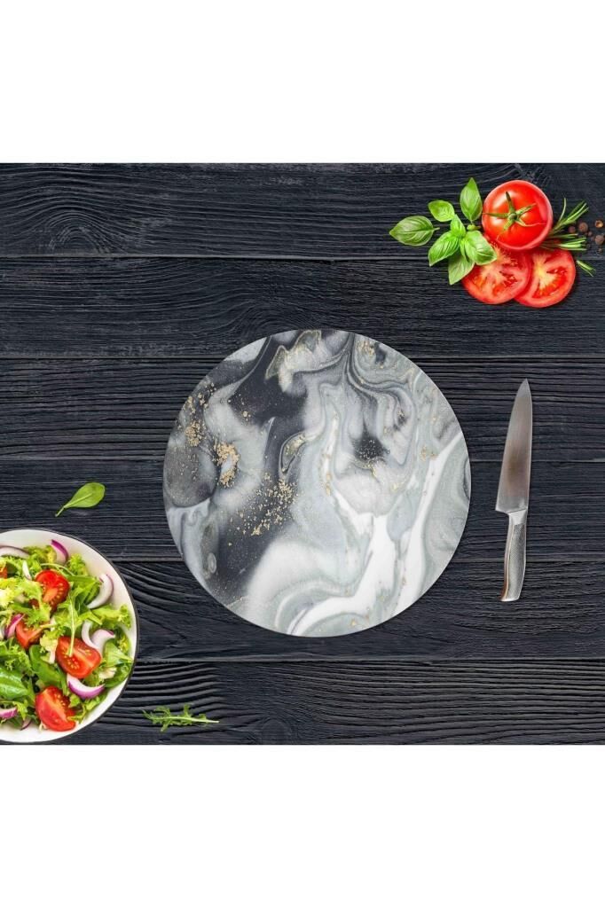 Gri Altın Mermer Cam Kesme Tahtası - Sunum Tabağı| Çap 20