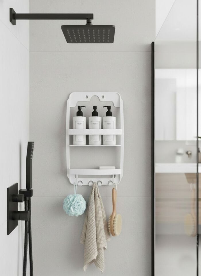 Beyaz, 3 Katlı Banyo Duş Rafı - Askılıklı Banyo Organizeri - Delmeden Montaj