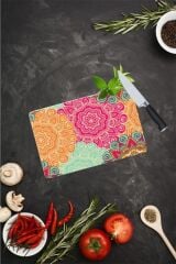 20x30 cm Cam Kesme Tahtası Kırmızı Turuncu Mandala
