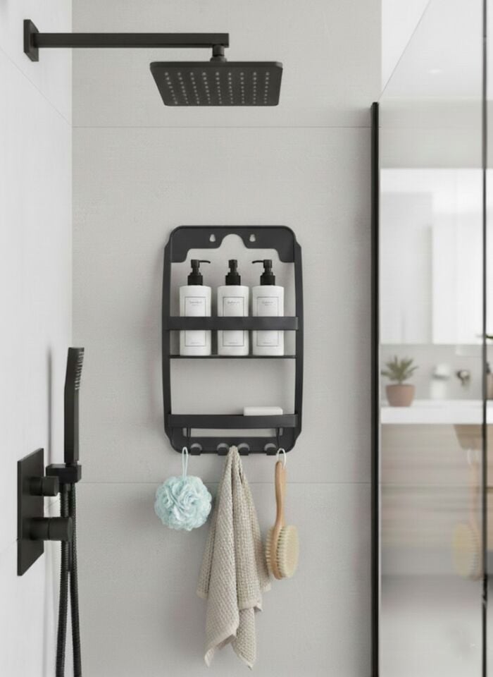 Antrasit, 3 Katlı Banyo Duş Rafı - Askılıklı Banyo Organizeri - Delmeden Montaj