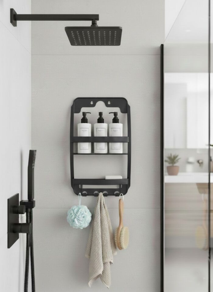 Antrasit, 3 Katlı Banyo Duş Rafı - Askılıklı Banyo Organizeri - Delmeden Montaj