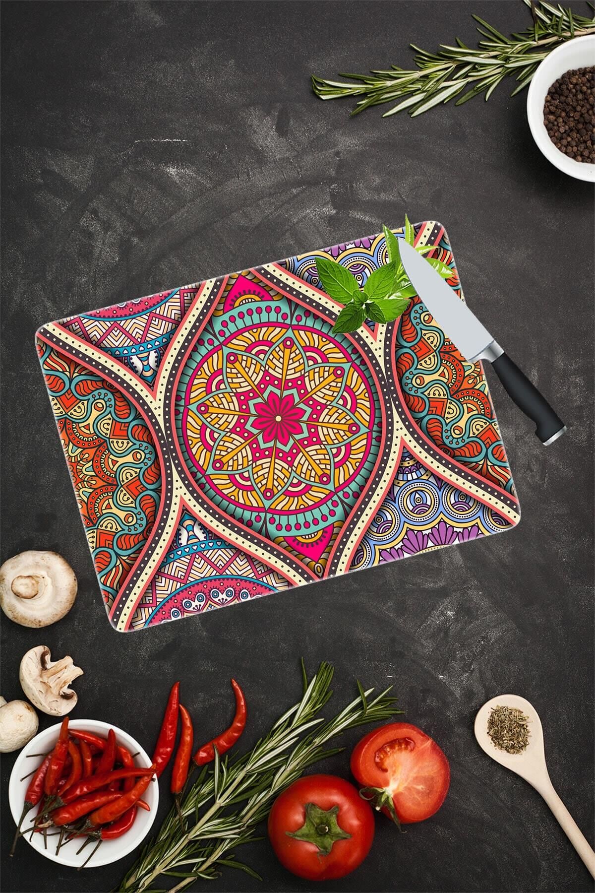 30x40 cm Cam Kesme Tahtası Koyu Yuvarlak Mandala