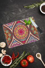 30x40 cm Cam Kesme Tahtası Koyu Yuvarlak Mandala