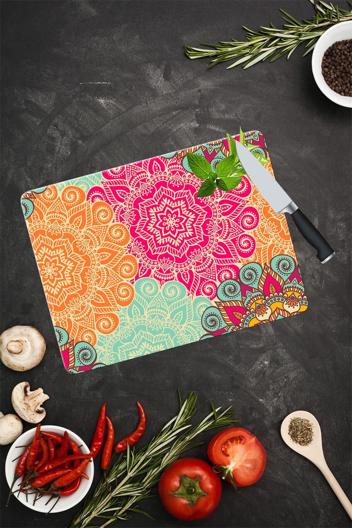 30x40 cm Cam Kesme Tahtası Kırmızı Turuncu Mandala