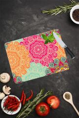 30x40 cm Cam Kesme Tahtası Kırmızı Turuncu Mandala