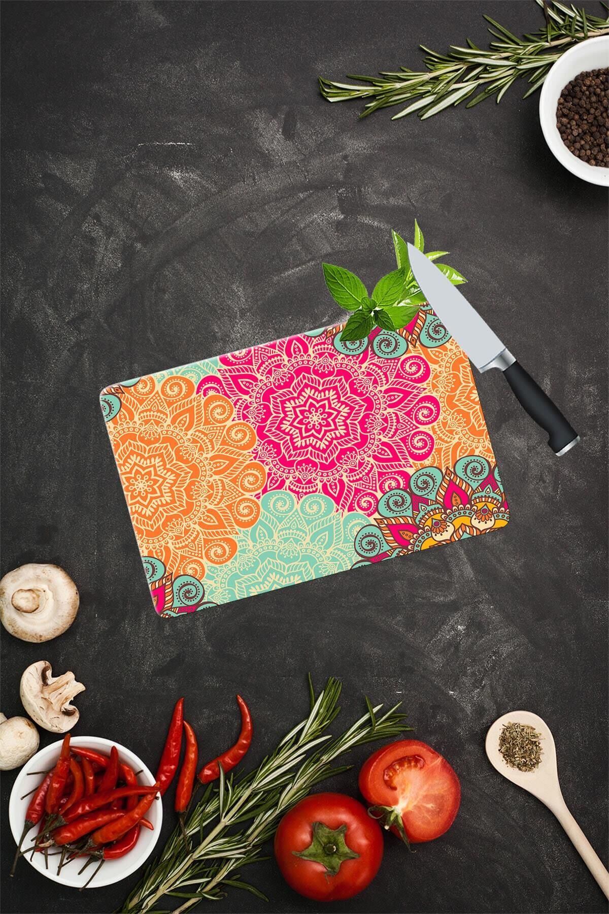 20x30 cm Cam Kesme Tahtası Kırmızı Turuncu Mandala