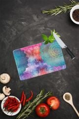 20x30 cm Cam Kesme Tahtası Mavi Kırmızı Mandala Desenli