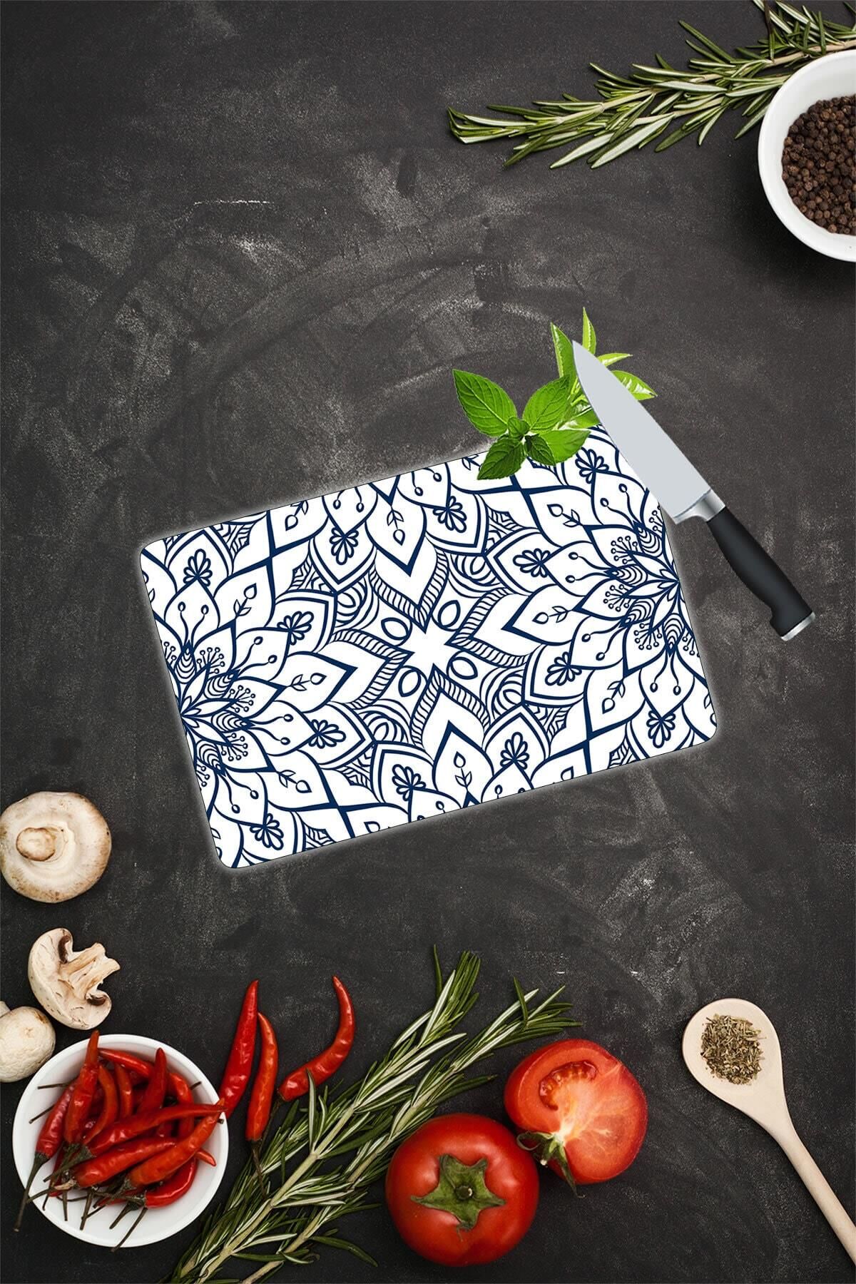20x30 cm Cam Kesme Tahtası Lacivert Mandala Desenli