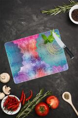 30x40 cm Cam Kesme Tahtası Mavi Kırmızı Mandala Desenli