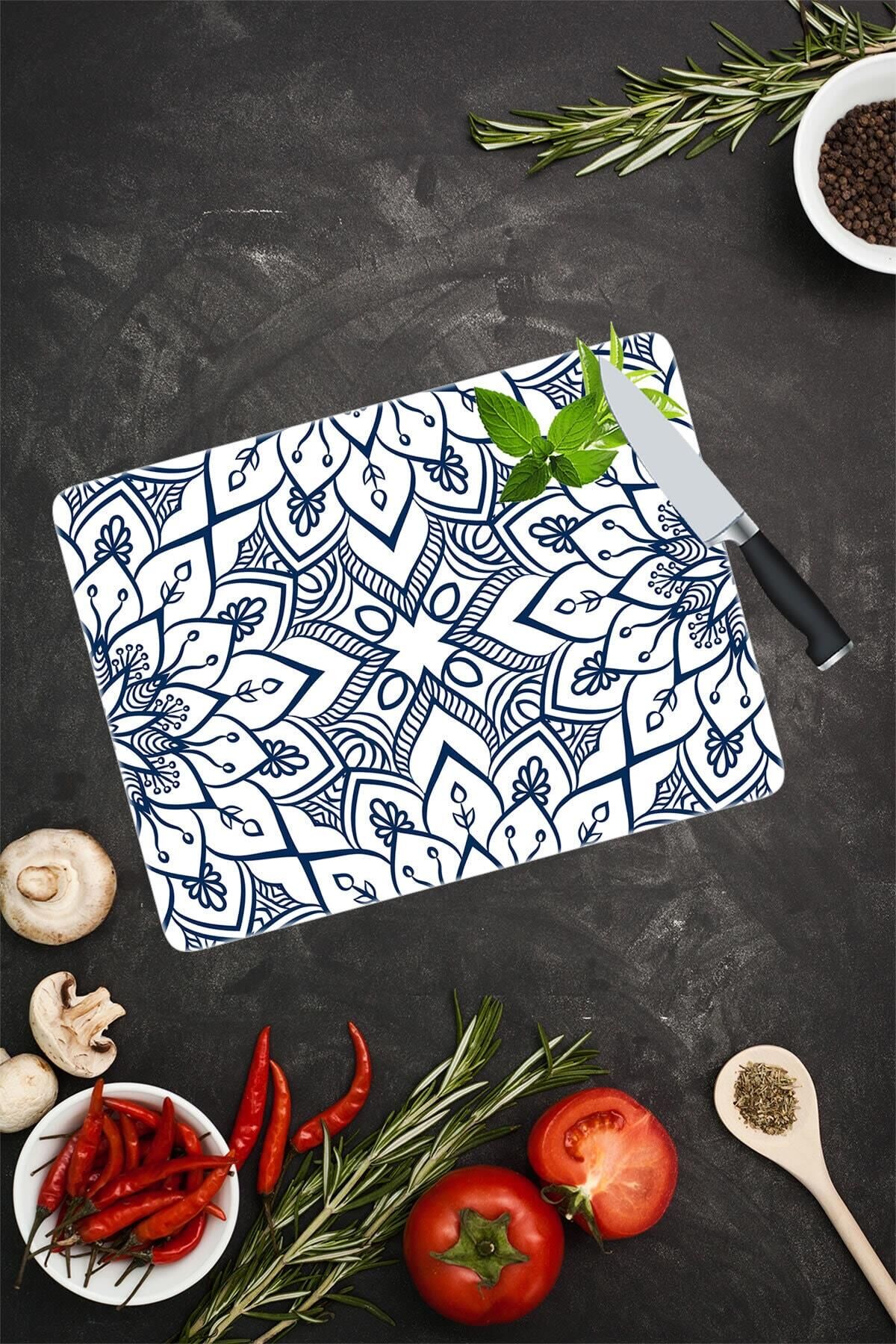 30x40 cm Cam Kesme Tahtası Lacivert Mandala Desenli