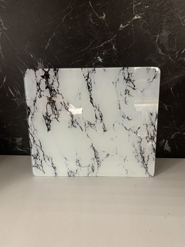 30x26cm - Beyaz Mermer, Cam Kesme Tahtası - Sunumluk