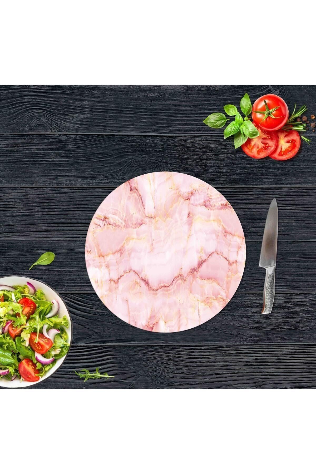 Pembe Mermer Cam Kesme Tahtası - Sunum Tabağı| Çap 20