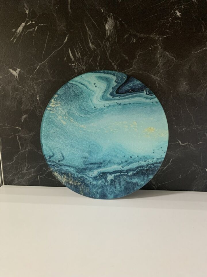 Çap 27Cm - Buzlu Cam, Okyanus - Kesme Tahtası - Sunumluk